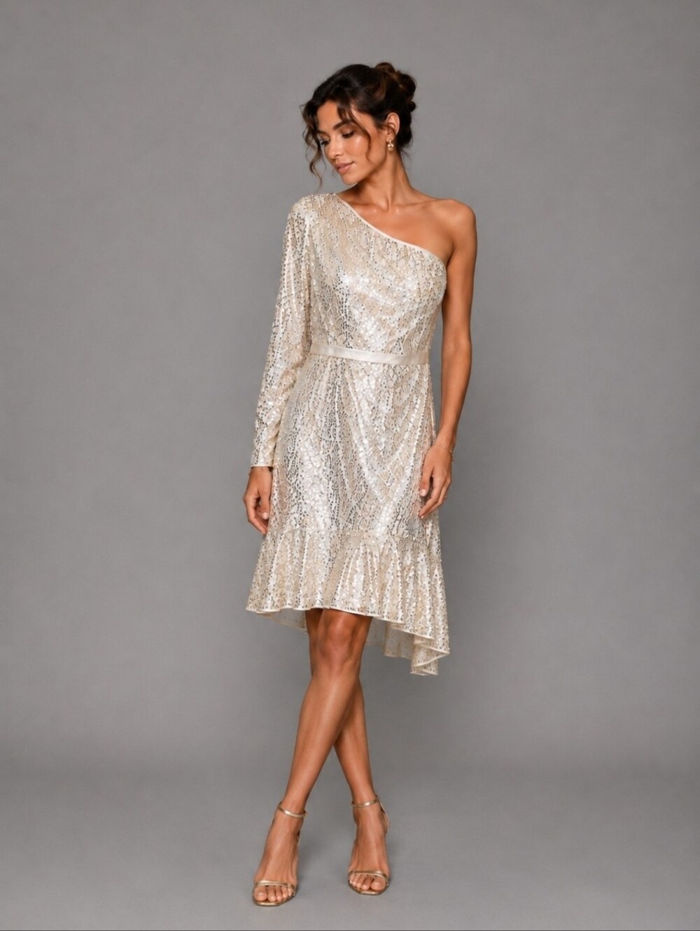 NWT Marchesa Notte Ivory Sequin One Shoulder Midi Dress Size 12